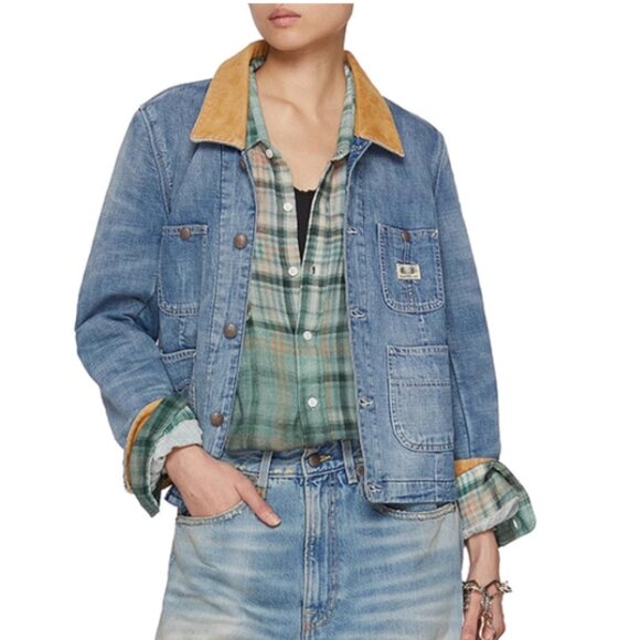 NWT R13 Corduroy Collar Cropped Denim Chore Jacket Calli Blue Retro - Picture 9 of 12